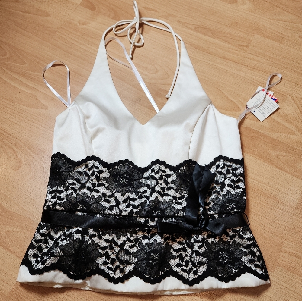 NWT XSCAPE Joanna Chen Satin Lace Halter Corset Top Off White Black Size 10‎